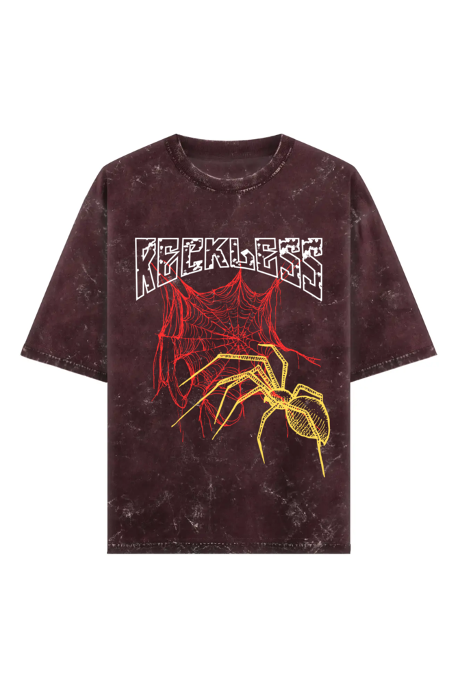Dark brown distressed t-shirt with white 'RECKLESS' text, red spider web, and yellow spider graphic